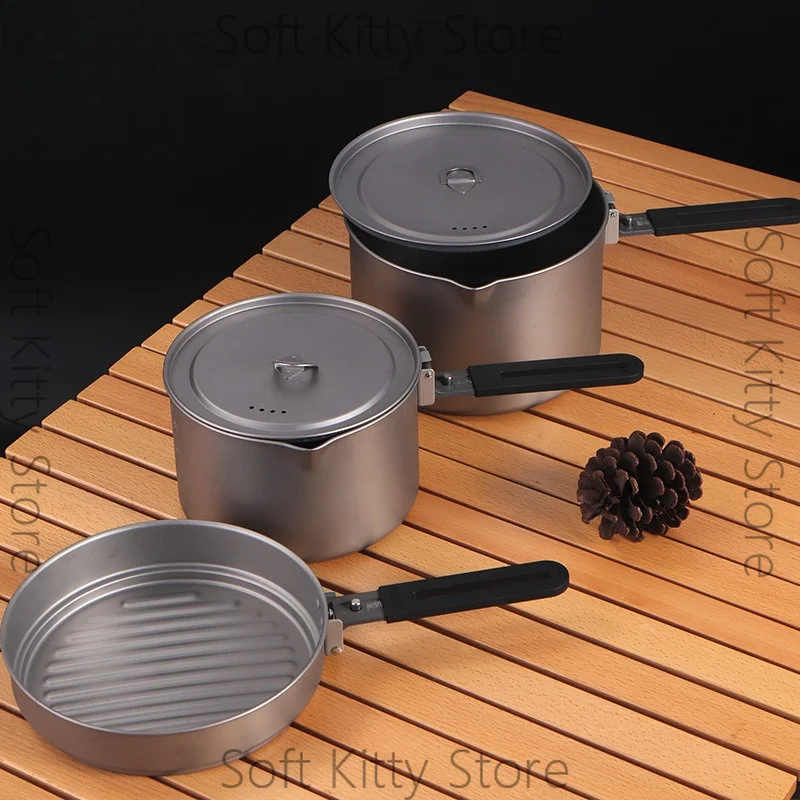 Frying Pan Cooking Pot Three-piece Pure Titanium Portable Camping 2-4 People Wild Cooking Utensils