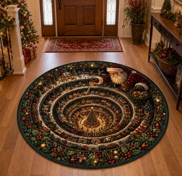 Santa Magic Key Christmas Village Round Rug, 3D Optical Illusion Rug, Holiday Entryway Christmas Decor