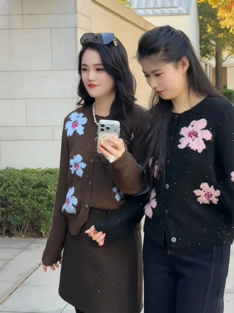 

Korean Sle Floral Knitted Cardigan Trendy Women's Sweater Unique Beautiful Top Casual Comfortable Winter Long Sve