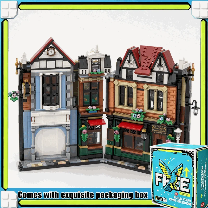 1802PCS Tudor Style Corner Book Nook Street View Shop House Model Custom Building Blocks DIY Assembly Educational Toy Gift