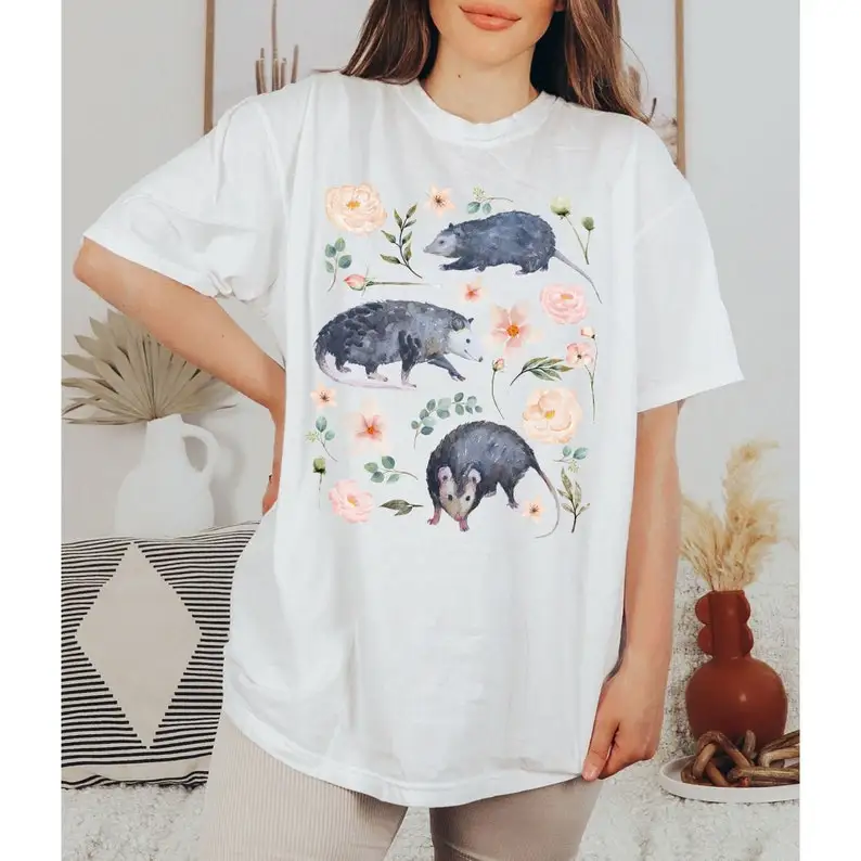 Comfort Colors Possum Shirt Opossum Animal Lover Gift Goblincore Aesthetic Botanical Floral Wildlife Nature Tee Alt Clothes Tops