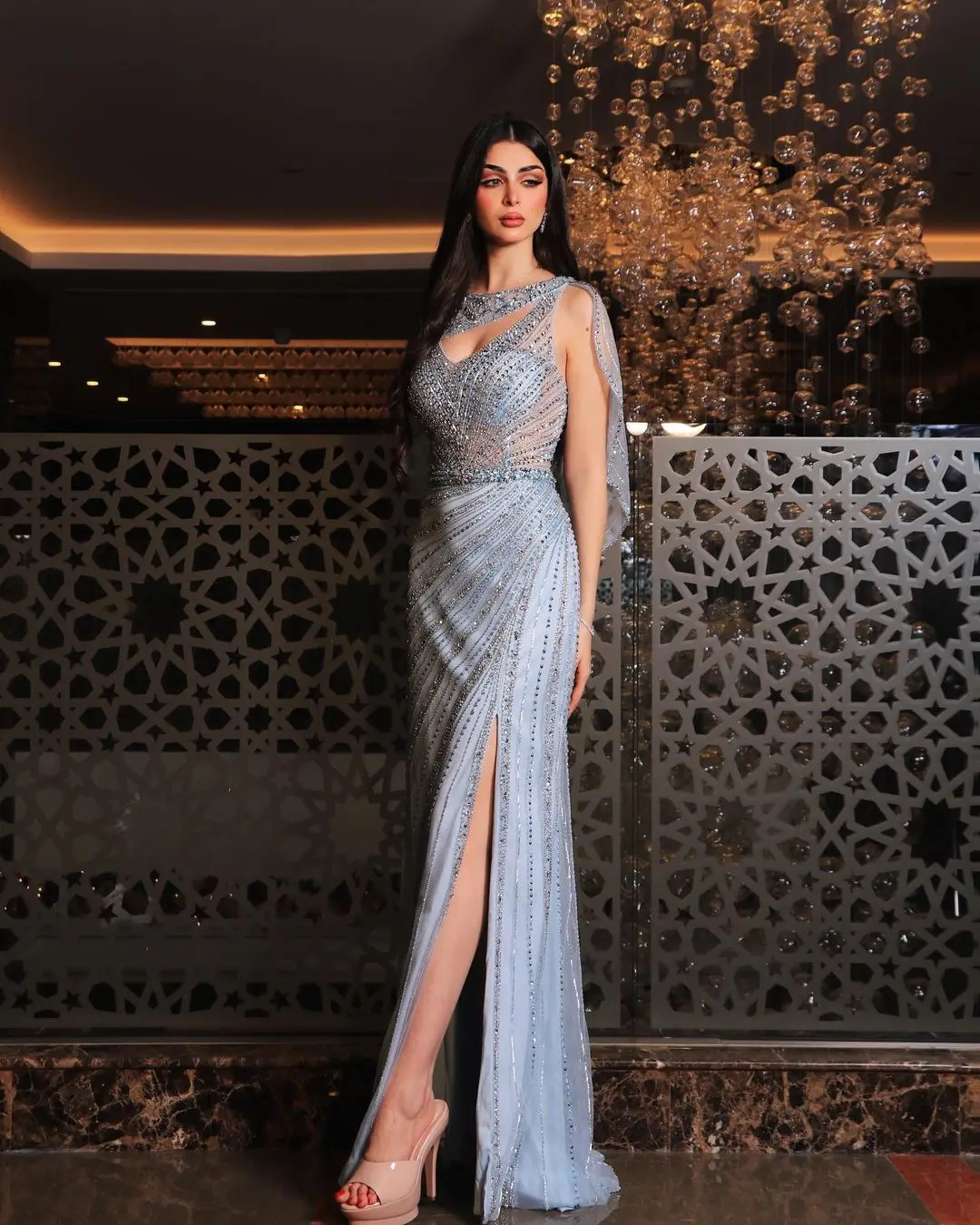 Luxury Mermaid Dubai Evening Dress With Cape Heavy Beaded Slit Prom Dresses For Women Wedding Party Formal Dress Vestidos Noche