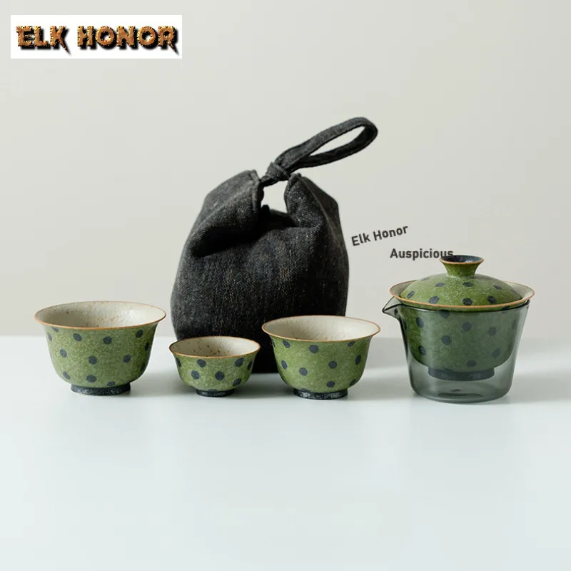 

Fresh Green Orange Polka Dot Travel Tea Set Kit Retro 1 Pot 3 Cups Tea Brewing Organizer Portable Camping Tote Bag Ornaments