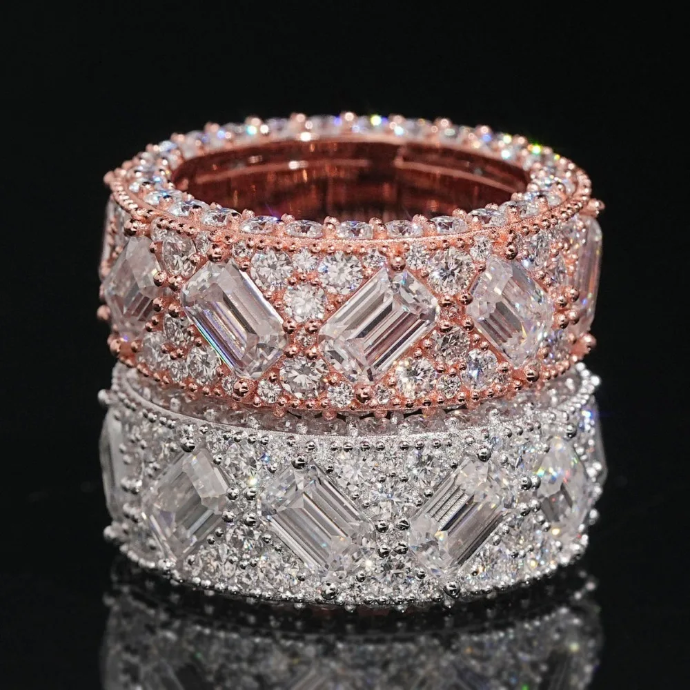 S925 Silver Baguette Cut Moissanite Party Band Hiphop Rock Rose Gold Diamond Eternity Cocktail Rings for Women Men Pass Tester
