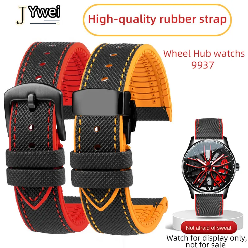 

For OLEVS 9937 watch band Men 360° Rotary Dial Sport Car Rim Wheel Hub 9937 quality rubber strap bracelet 21mm replace strap red