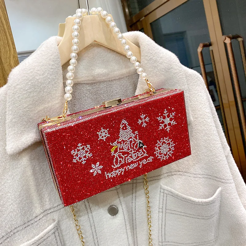 

Christmas Tree Embellished Diamond Clutch Bag Evening Handbag Small Square Party Bag Shoulder Crossbody Chain Bag for Women