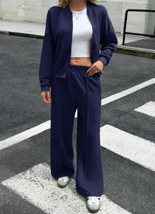 

Women's Two-Piece Set 2025 Autumn and Winter Vacation Style Zipper Jacket Casual Pants Set Simple Commuting Elegant Pants Set