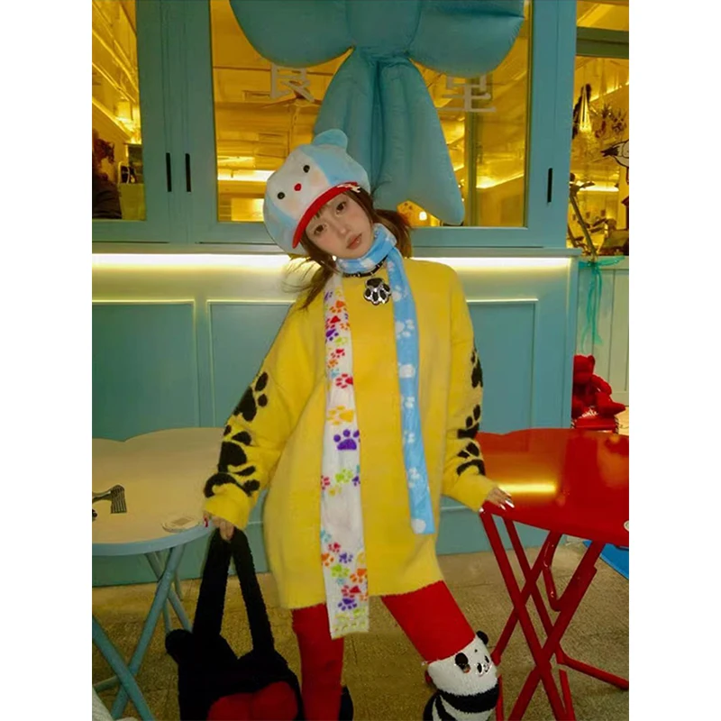 하라주쿠 프린트 스웨터 여성 Y2K 오버사이즈 니트 풀오버 일본식 긴팔 니트웨어 겨울 O넥 캐주얼 디자인 점퍼