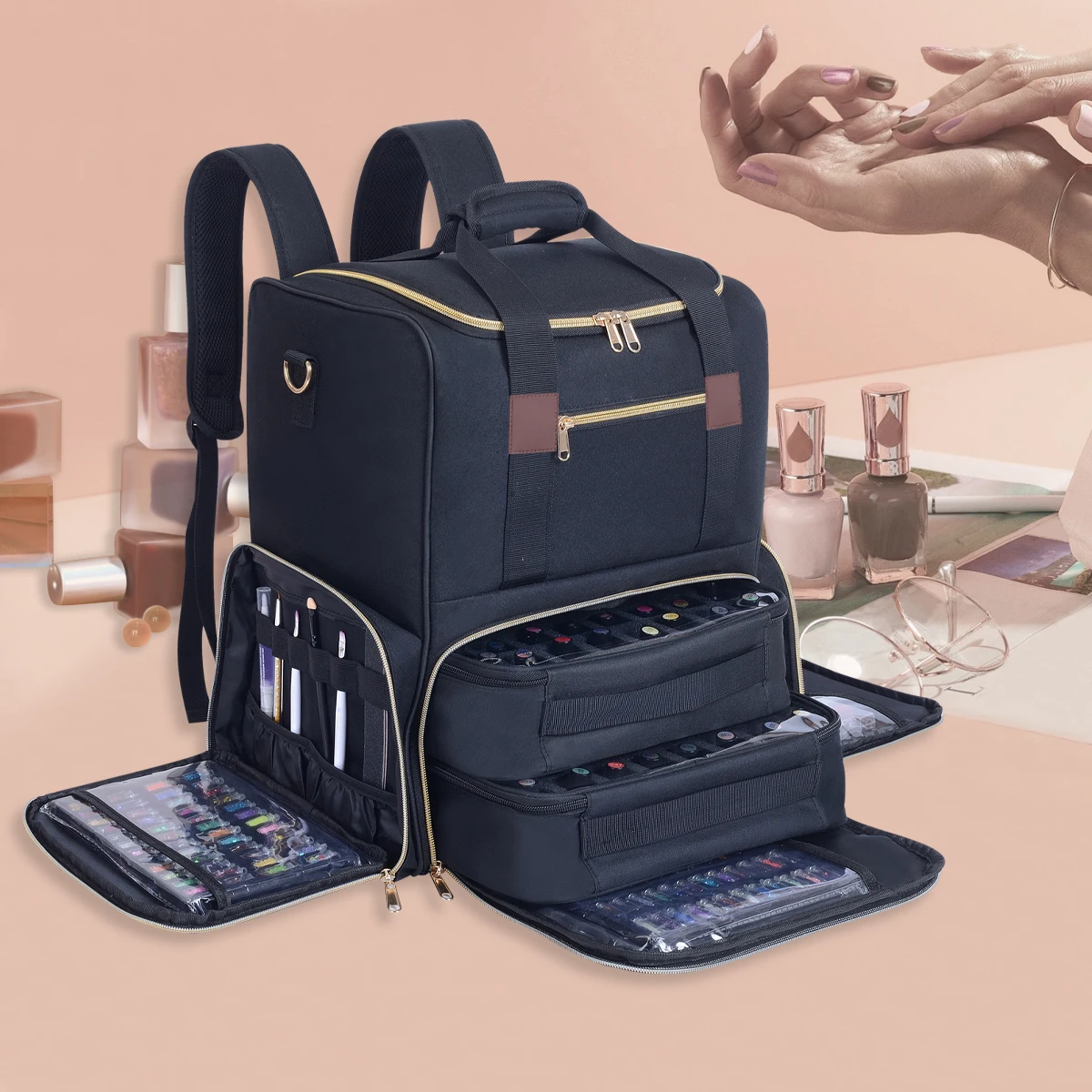UOZL Nagellack-Organizer-Rucksack für 80 Flaschen und eine Nagellampenzubehör mit 2 herausnehmbaren Hüllen, Aufbewahrungstasche, professionelles Tr – Detail 2