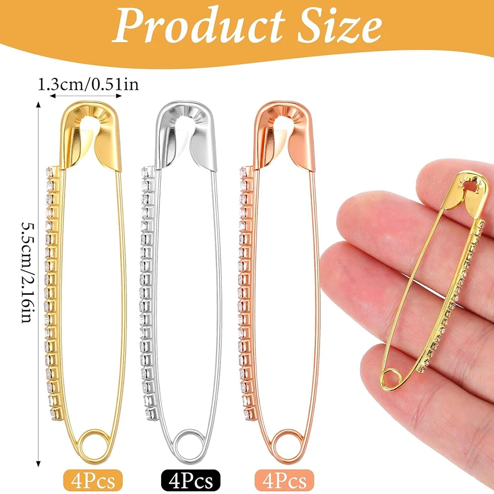 12 épingles de sûreté en strass, grandes broches fantaisie pour femmes, épingles décoratives pour pulls, châles, vêtements et chapeaux
