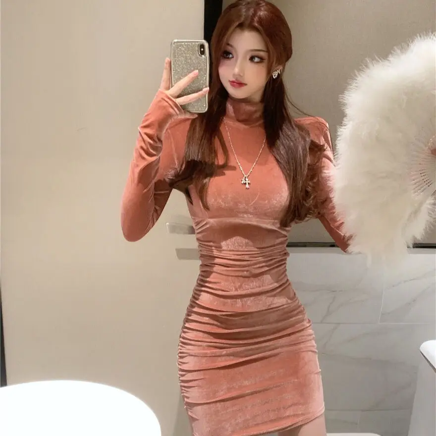 2023 Autumn Winter Women Solid Velvet Long Sleeve Ruched Midi Dress Side Slit Bodycon Sexy Streetwear vestido curto para festa