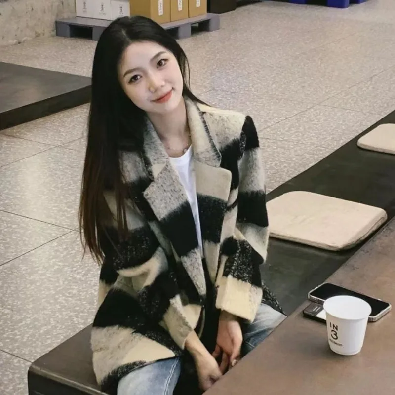 【Revival vintage】 F/W Giacca da donna a quadretti in stile britannico Cappotto in tweed ispessito Giacca da fidanzato oversize Autunno Streetwear