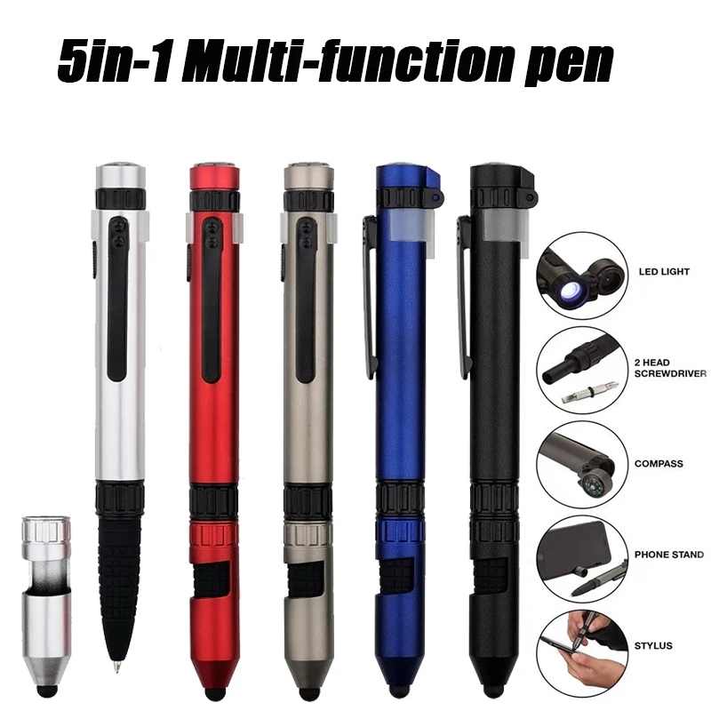5-In-1 Portable Multi Function Pen Ballpoint Pen LED Light Flashlight Pen Compass Compact Screwdriver Pen Outdoor Survival ﻿