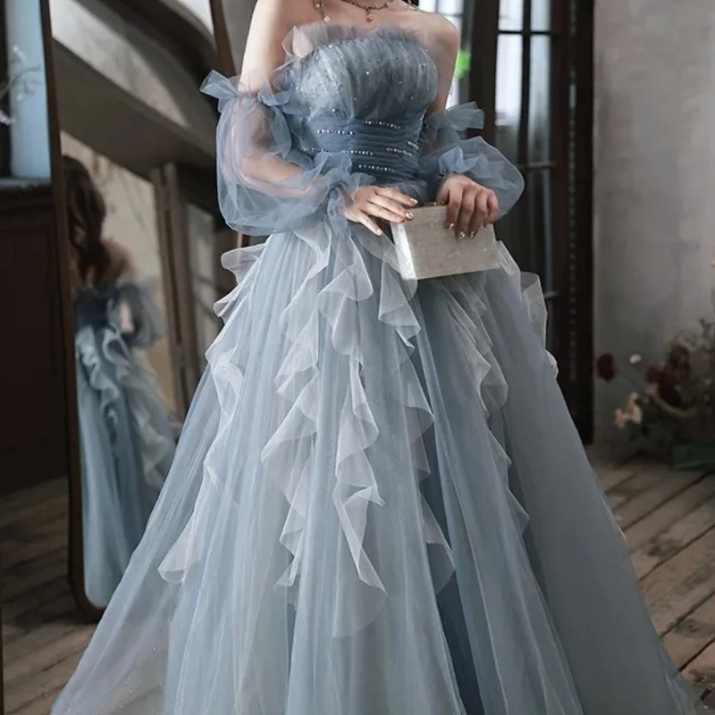 

Новое серо-синее длинное платье принцессы для девочек и женщин, вечернее платье принцессы для выпускного вечера, банкета, бального платья