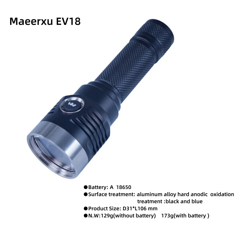 Maeerxu EV18 Type-c Rechargeable aluminum ultra bright hand blue flashlight with screw-in full color filte