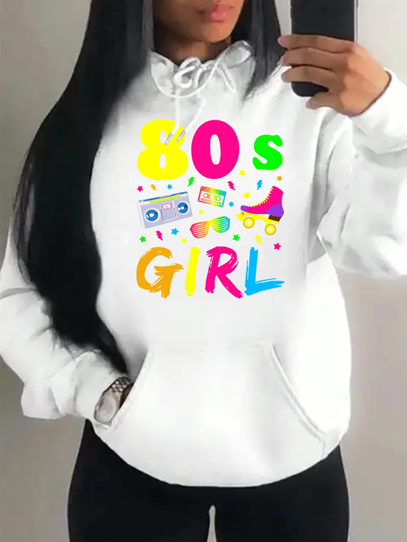 80'S Girl Y2K Style Letter Graphic Print Streetwear Personality Loose Hoodie Hip Hop Fashion Clothes Casual Fleece Hoody Unisex