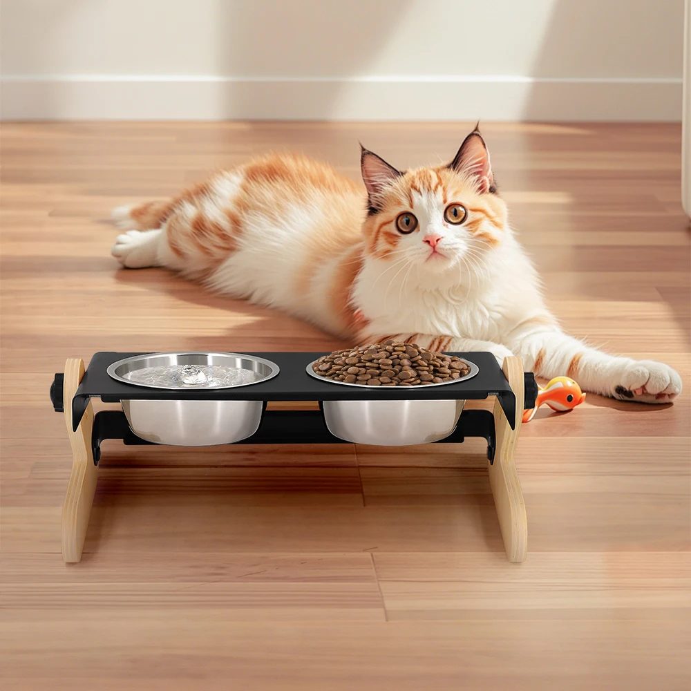 

Solid Wood & Iron Cat Feeder Stand-Multifunctional Inclined Design Anti-Spill Easy Clean Universal for Cats & Dogs