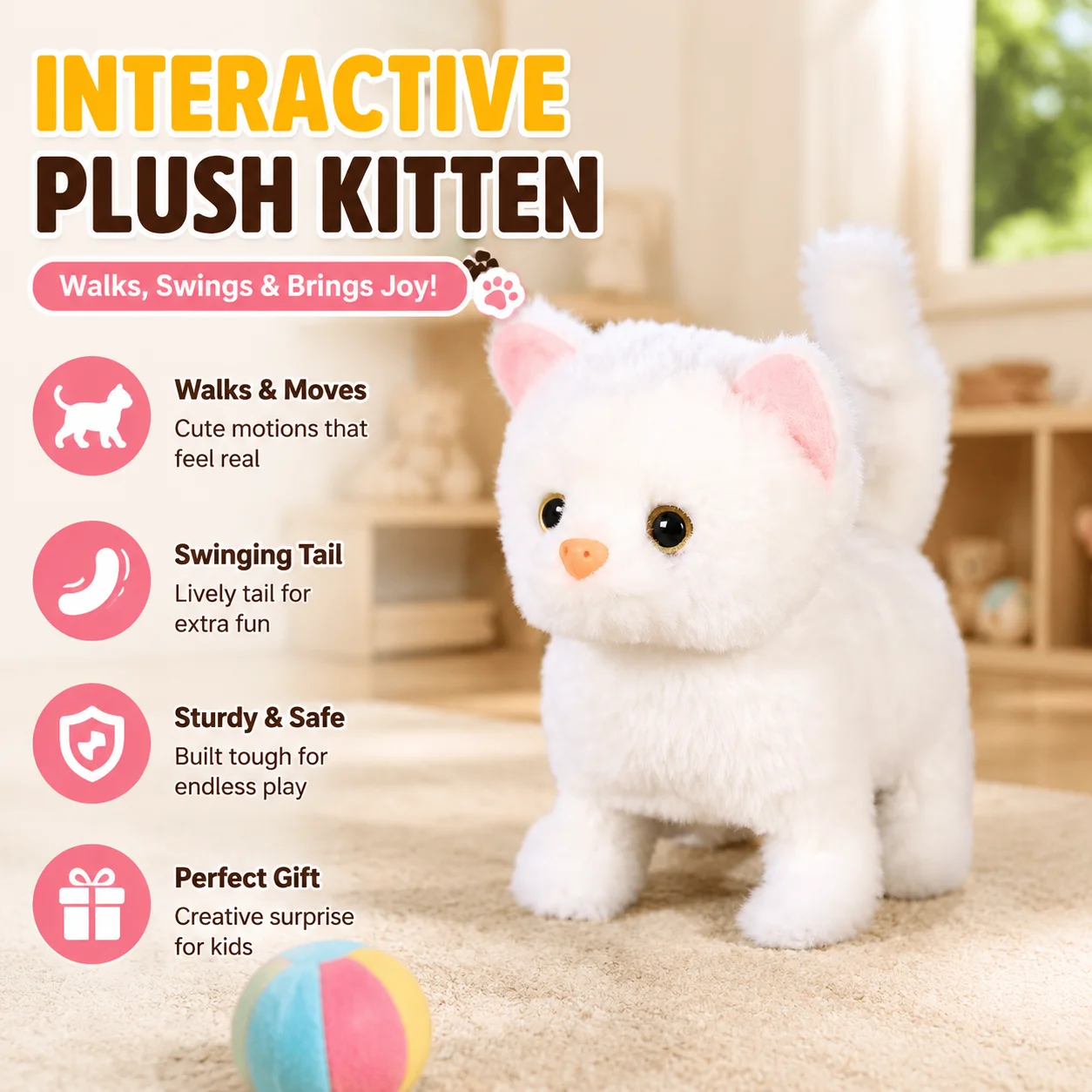 Interactive Plush Robot Kitten Toy, Walking & Swinging Electric Pet, Sturdy, Creative Gift for Kids