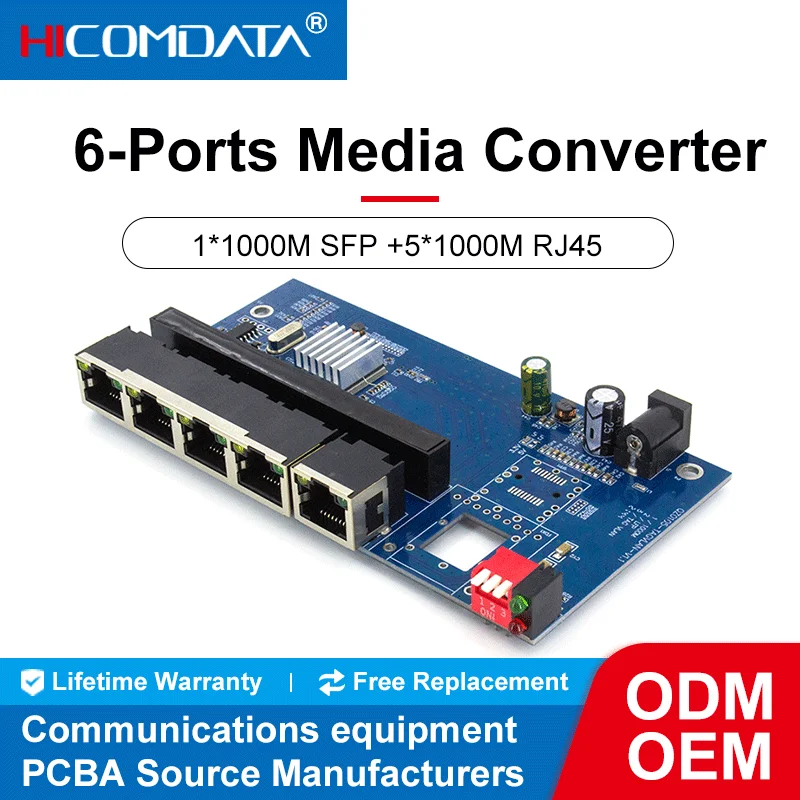 

Волоконно-оптический преобразователь HICOMDATA Media 1 Sfp 5 RJ45 гигабитный 6 портов один режим 20 км порт SC оптический медиа-конвертер PCBA