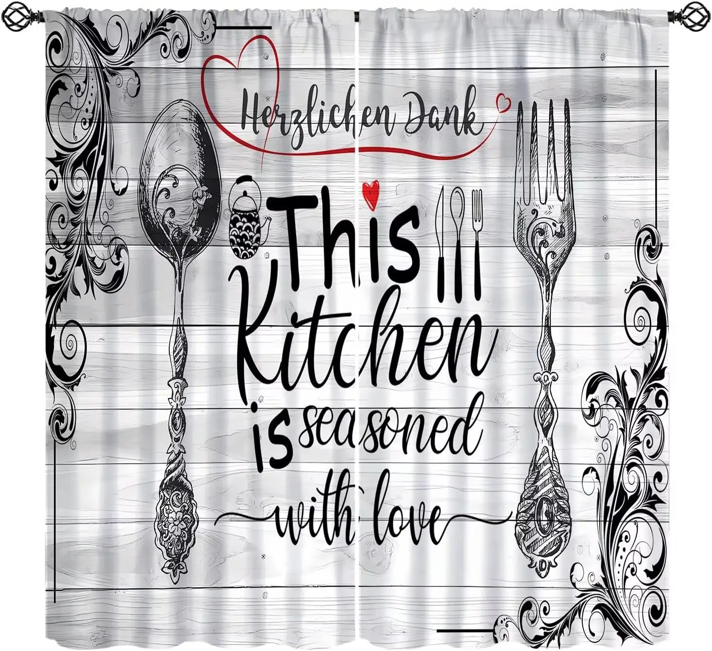 Rustic Tableware Kitchen Curtains, Farmhouse Barn Wood Plank Fork Spoon Vintage Window Drapes for Cafe and Restaurant