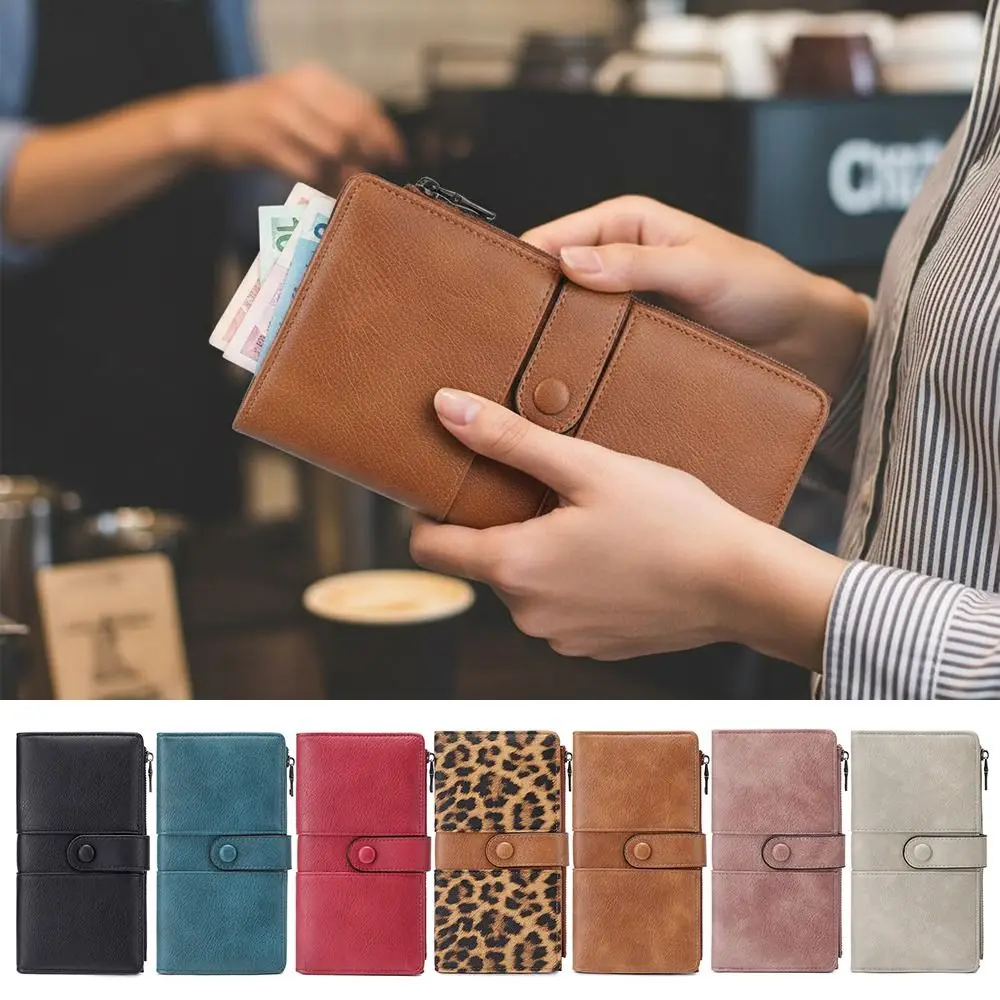 

PU Leather Women Long Wallet Leopard Print Multi Card Slot Double Fold Wallet Zipper Closure Long Style Multi Functional Wallet