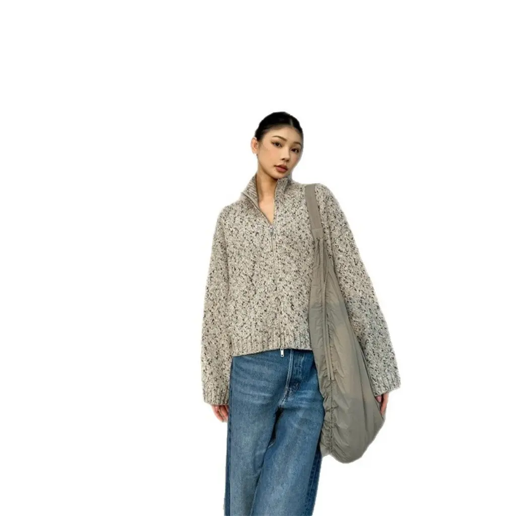 

Женский кардиган на молнии с воротником-стойкой, куртка-свитер, повседневная версия, трикотажная куртка из смеси шерсти, контрастная текстура