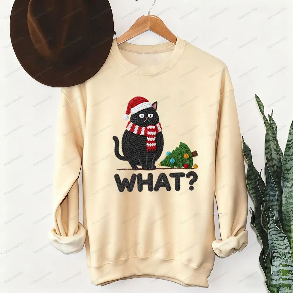 Sudadera What Cat con estampado de hilo sintético para mujer, divertida camiseta con estampado de árbol de Navidad, regalo de Navidad, Sudadera con capucha, ropa para mujer