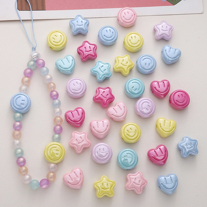 2pcs 18mm Colorful Smiling Face Round/Heart/Star Acrylic Loose Spacer Beads For DIY Bracelet Phone Chain Jewelry Making Findings