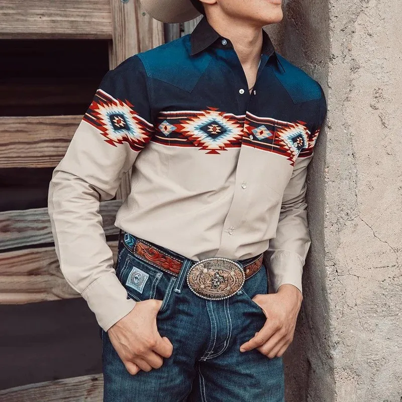 

Cross-border Western Denim Trend Retro Young Men's Punk Style 3D Digital Printed Double Watch Bag Men's Shirt