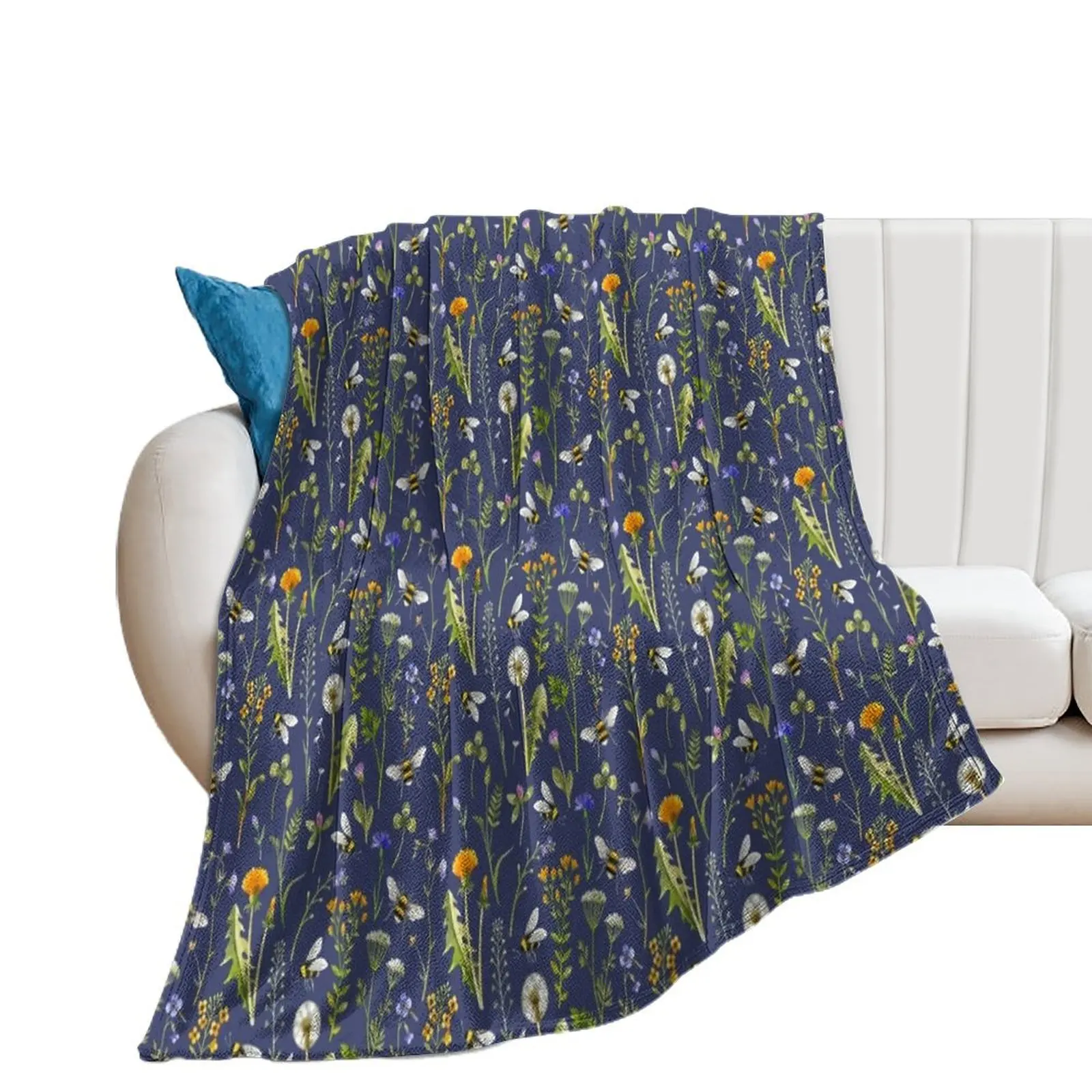 

Bees and wildflowers / Dark blue Throw Blanket Decorative Throw Cute decorative Flannel Fabric Blankets