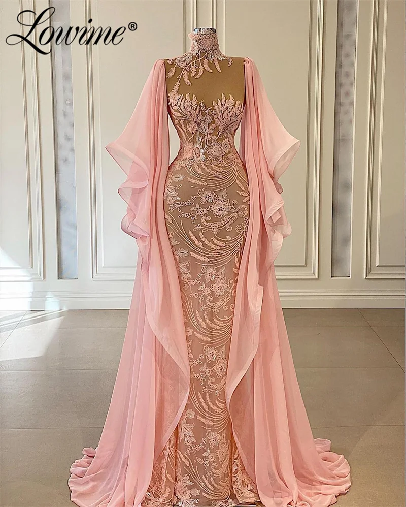 Dubai Arabic Pink Floral Lace Evening Dress Robes De Soirée Customized High Neck Mermaid Long Sleeve Plus Size Prom Party Dress