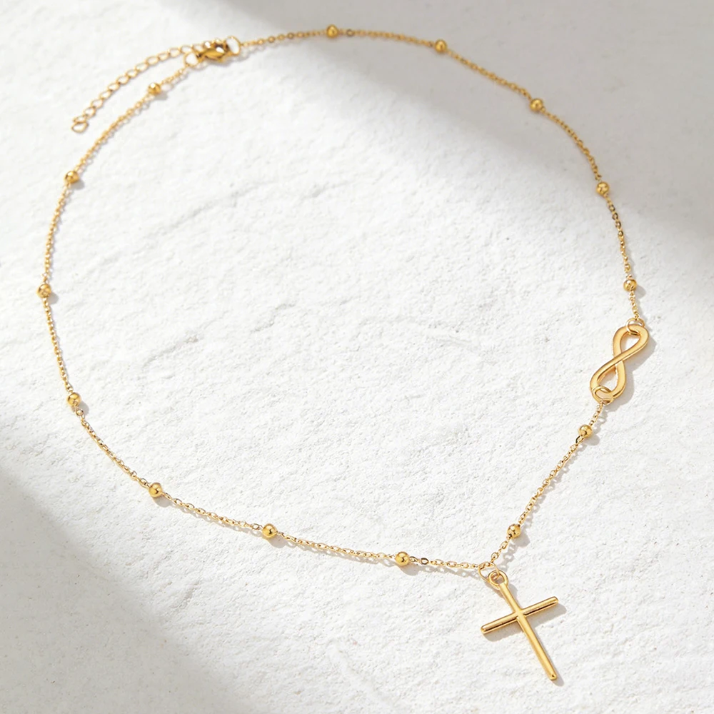 Stainless Steel 8-Character Cross Pendant Necklace Simple Design Elements Niche Luxury Style Women's Daily Commuting Collocation