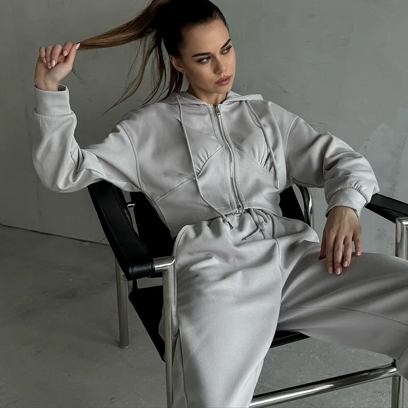 

2025 Casual Women's Suit Solid Color Long-sleeved Zipper Hooded Sweater Sports Lace-up Pants Two-piece Set Women