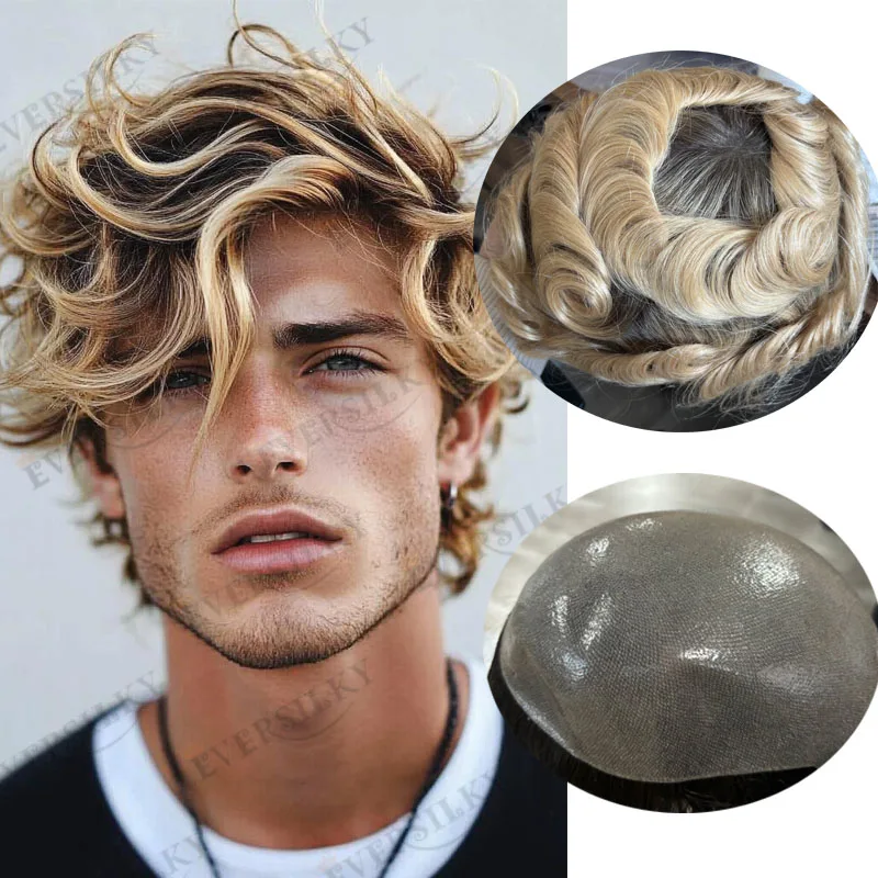 

European Ombre Men's Toupee 100% Remy Human Hair 6Inch Long Wavy Straight Durable Full Skin Base Men Toupee Male Hair Prosthesis