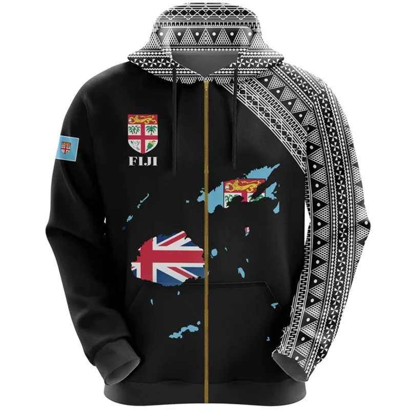 Fiji Flag Map 3D Printed Zip Up Hoodies For Men Clothes Fijian National Emblem Zipper Hoodie Casual Man Sweatshirt Boy Tracksuit