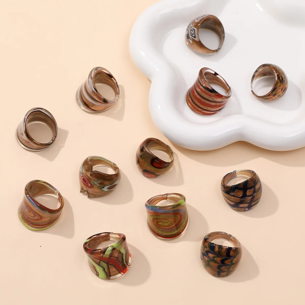 New Handmade Retro Style Murano Glass Liuli Finger Rings--Golden Bronzer