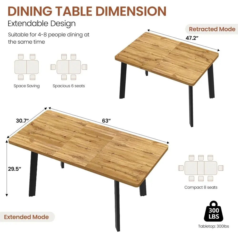 47.2-63 Extendable Rectangular Dining Room Table, Walnut | Removable Extension Leaf, Durable MDF Tabletop, Accommodates 4-8 Gues
