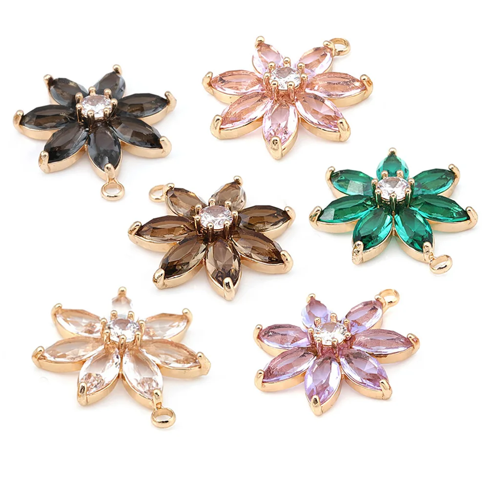 2PCS 25x28MM High Quality Champagne Gold Color Brass and Zircon and Glass Flower Charms Pendants Diy Jewelry Making Accessories