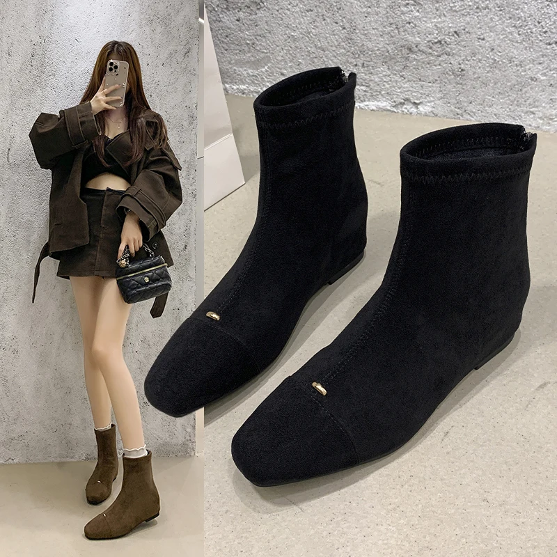

2025 Female Flats Heels Footwear Ankle Stretch Boots Shoes for Ladies Fashion Flock Women Short Boots with Zippers Shoes Lady