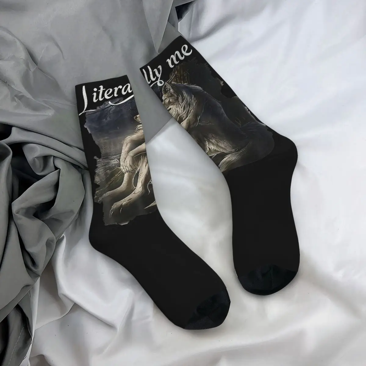 Harajuku Female Socks Sitting Wolf Literally Me Funny Meme Accessories Warm Animal Graphic Socks Spring Autumn Winter