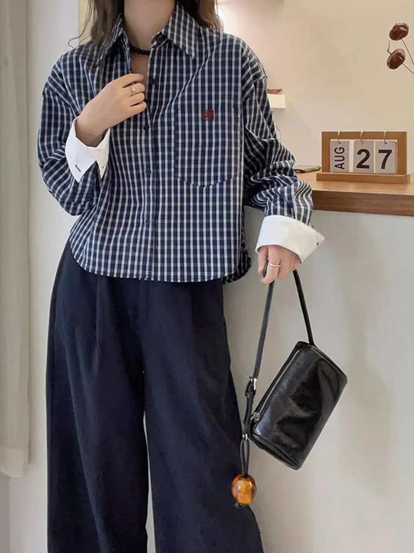 

Ele Plaid Long Sve Women's irt Color Blo Design Faionable Versatile Korean Sle Commute Straight Cut Silk Top