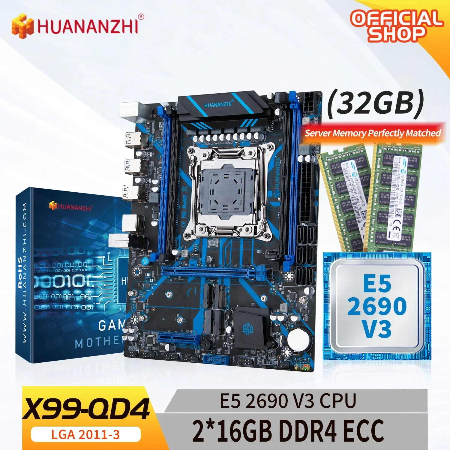 Carte mère X99 QD4 LGA 2011-3 XEON X99 avec Intel XEON E5 2690 V3, 2x16G DDR4 RECC Memory ChlorKit Set NVcloser