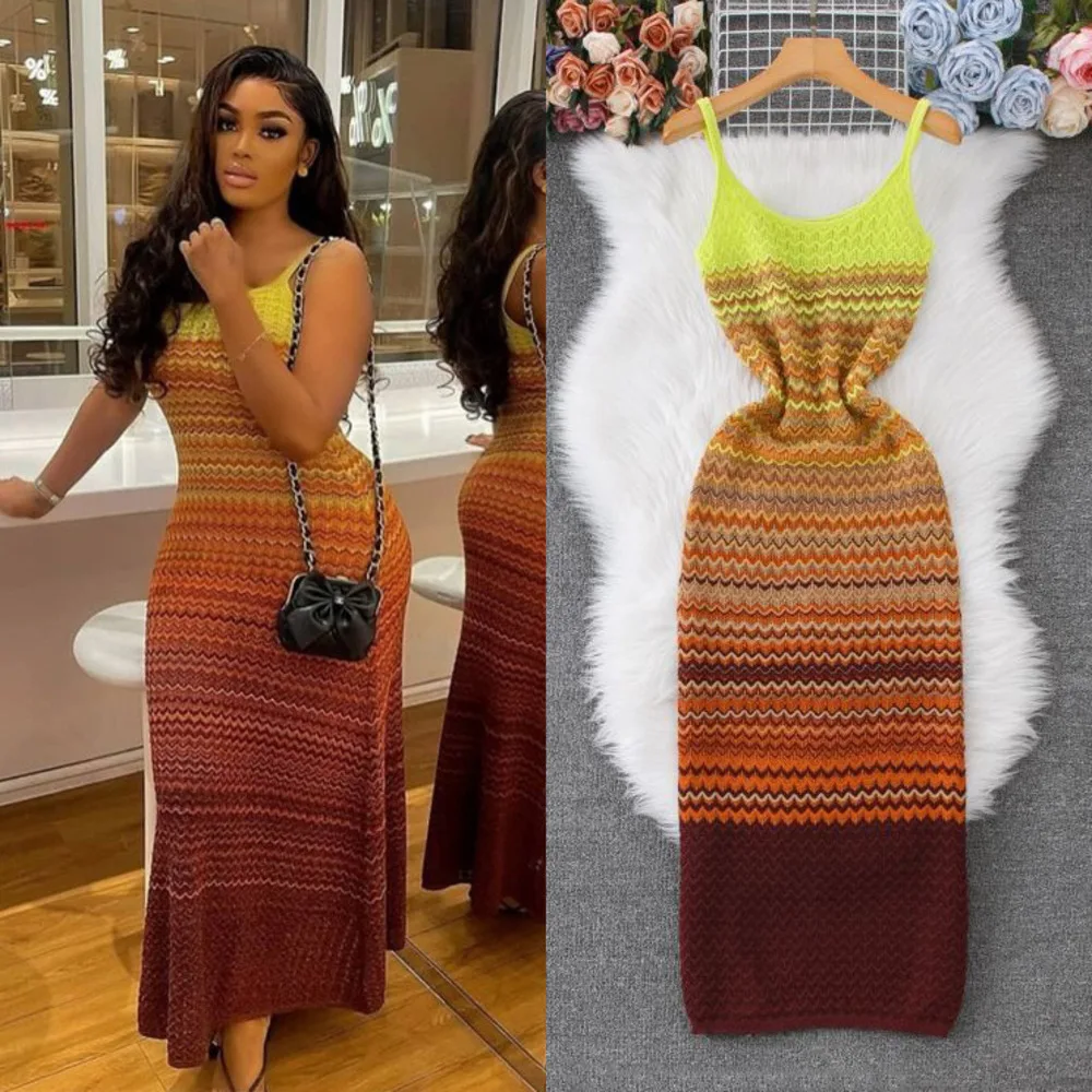 

French Retro Gradient Vintage Striped Knit Dress Sleeveless Slim Fit Waistband Bodycon Fit Pullover Sweater Dress