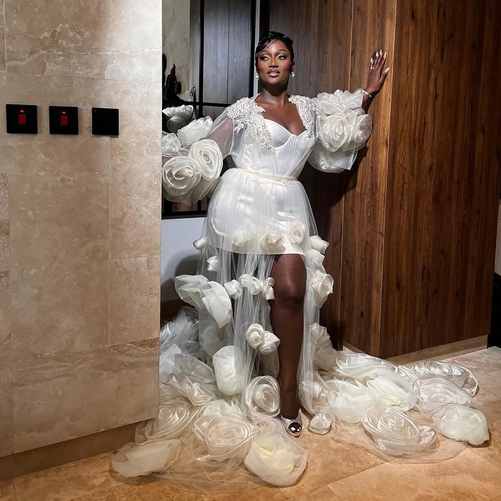 

3D Flowers Wedding Dresses Night Gowns Coat Handmade Flowers Illusion Long Sleeves Long See Through Aso Ebi Bridal Dress