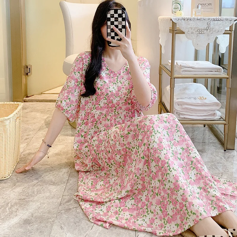 Summer Woman Viscose Nightgown Oversized Women Nightdress Short Sleeve Floral Print Nightgowns Sweet Casual Sleepwear Sleepdress