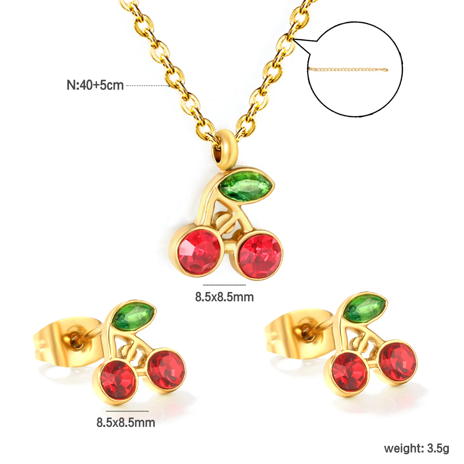 LUXUSTEEL Cute Cherry Korean Women’s Jewelry Set Pendant Earnail Set Stainless Steel Crystal Wedding Party Necklace Earring Set