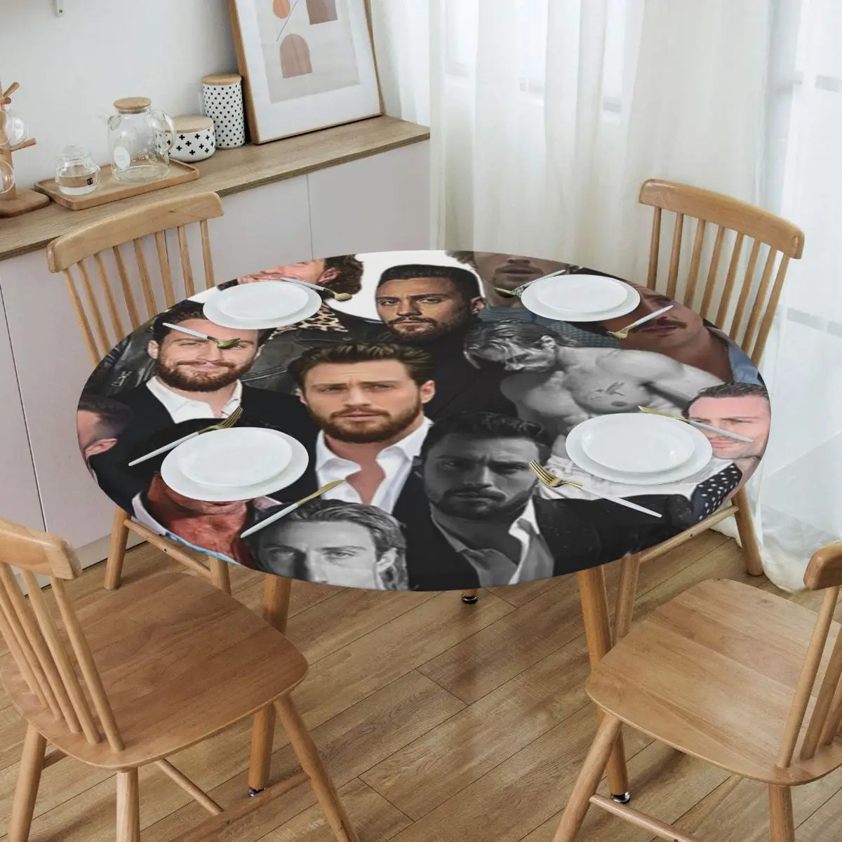 Aaron-taylor Johnson Photo Collage Waterproof Round Tablecloth Oilproof Table Cloth for Kitchen Events Dining Table Cover