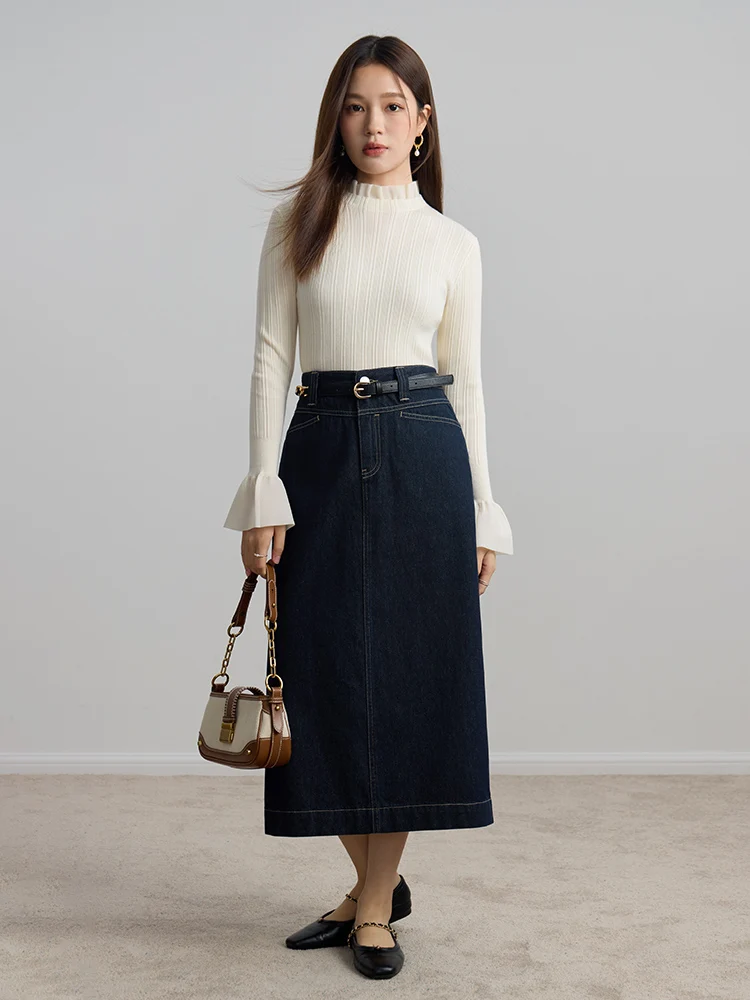 DUSHU 92.2% Cotton Women Dark Denim Blue Long A-LINE Skirts Back Slit Design 2023 Winter New Straight Denim Skirt Female Skirt