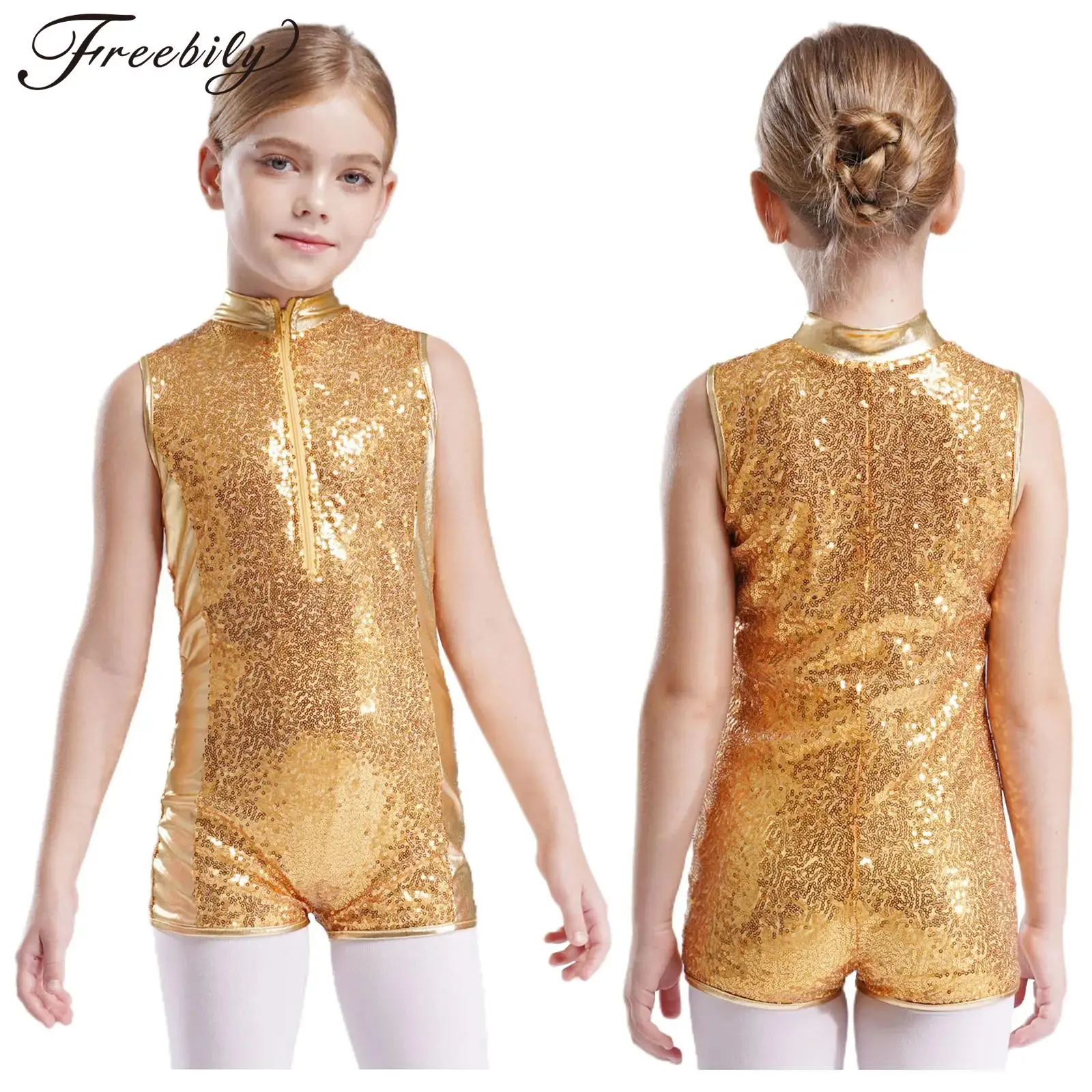 Girls Metallic Sequins Gymnastics Dance Leotards Jazz Hip-hop Dance Costume Ballet Dance Bodysuits Stage Performance Dancewear