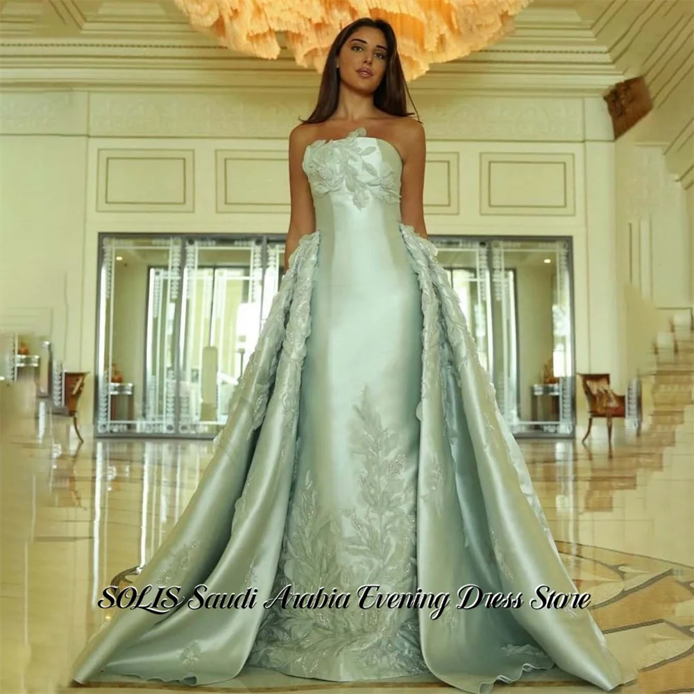 SOLIS Mint Green Formal Gown Strapless Sleeveless Prom Dresses with 3D Floral Train Evening Dress A Line Modern Style Customized